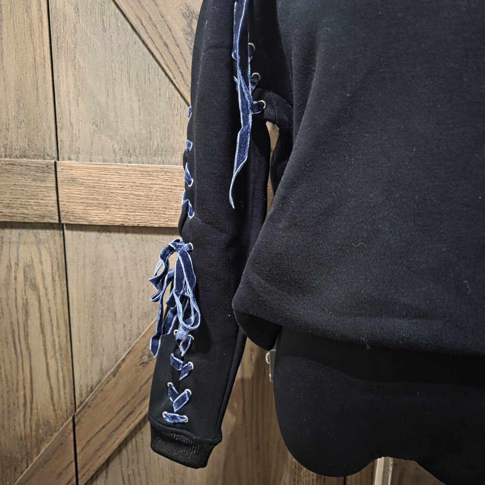 Maje Black Sweatshirt with Navy Lace-Up Ribbon Sleeves - Picture 2 of 5